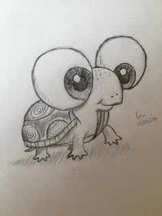 a drawing of a turtle with big eyes and an eyeball on its back, sitting in the grass