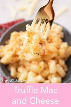 a fork full of macaroni and cheese with the words truffle mac and cheese