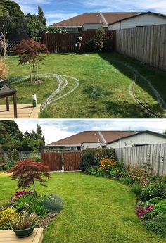 before and after pictures of a backyard landscaping project