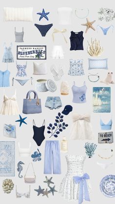 various blue and white items are arranged together