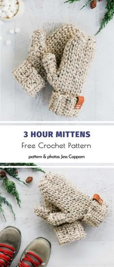 three different photos with text that says 3 hour mittens free crochet pattern