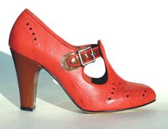 Remix Vintage Shoes, Clouche T-Strap Bootie Heel in Red Leather/Brown Patent