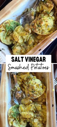 Collage of overhead shot of salt and vinegar smashed potatoes at top and bottom.