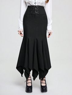 Vintage Gothic Lady Tie Waist Mermaid Hem Asymmetric Hem Bodycon Midi Skirt For Women Black Elegant   Woven Fabric Plain Asymmetrical Slight Stretch  Women Clothing, size features are:Bust: ,Length: ,Sleeve Length: Goth Attire, Gonna Midi, Goth Fits, Goth Vintage, Bodycon Midi Skirt, Patchwork Skirt, Skirt For Women, Vintage Gothic, Elegant Dresses Long