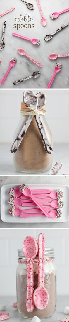 pink and white desserts are arranged on shelves in the shape of letters that spell out i love you