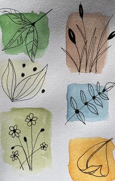 four different types of flowers painted on paper