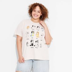 Add a playful flair to your wardrobe with the Women's Bluey Grid Short Sleeve Graphic T-Shirt in tan. This t-shirt features a grid of your favorite Bluey characters in graphic print for a fun look. Made from a mid-weight jersey fabric, the women's bluey grid short sleeve graphic t-shirt in tan offers comfort and durability for everyday wear. Bluey Shirt, Bluey Characters, Womens Cowgirl Boots, Boyfriend T Shirt, White Crystal, Stud Earrings Set, Glass Crystal, Stud Earring, Tee Shop