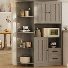 an open bookcase in the corner of a room with a microwave and other items