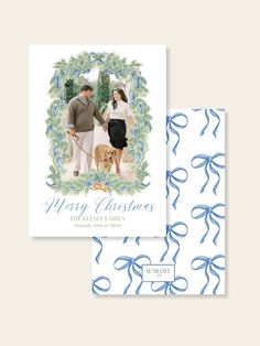 a christmas card with an image of a man and woman holding hands while standing next to a dog