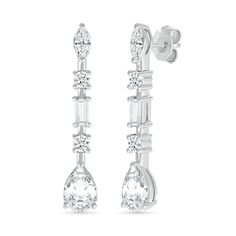 Give your favorite look an elegant update with the Art Deco details of these multi-shaped white lab-created sapphire drop earrings in silver. Fashioned in sterling silver Each earring features marquise-cut, baguette-cut, pear-shaped and round white lab-created sapphires - the largest the 7.0 x 5.0mm stone at the bottom - shimmering along the linear drop. These post earrings secure comfortably with friction backs. Modern White Teardrop Diamond Earrings, Modern White Linear Earrings For Formal Occasions, White Teardrop Linear Earrings For Formal Occasions, White Teardrop Linear Earrings For Formal Events, White Diamond Dangle Earrings For Pierced Ears, White Diamond Drop Earrings For Pierced Ears, Art Deco Drop Earrings, Sapphire Drop Earrings, Asymmetrical Earrings