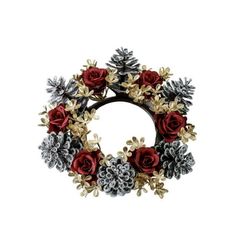 a christmas wreath with red roses and pine cones