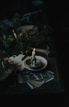 a candle is lit on a plate surrounded by photos and plants in black and white