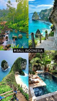 several pictures of different places in the world, including an island and water fall with people swimming