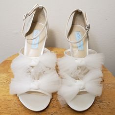 Gorgeous Ivory Satin Heels With Tulle Bow Detailing 5" Heel Hook Closure Open Toe Brand New With Box Summer Wedding Tulle Heels, Spring Formal Tulle Heels, Spring Wedding Heels With Tulle Material, White High Heel Sandals With Satin Bow, White Open Heel Heels With Bow, Betsy Johnson Wedding Heels, Betsey Johnson Wedding Shoes, Betsy Johnson Blue Floral Heels, Tulle Bow