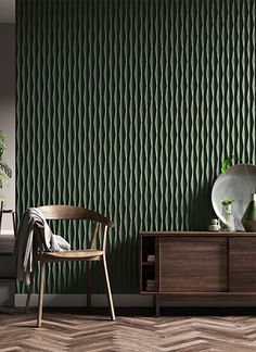 a chair sitting in front of a wooden cabinet next to a potted plant on top of a table