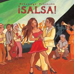 a painting of people dancing in front of a green and white flag with the words salsa sofito written on it