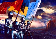 a painting of knights holding flags in front of a castle