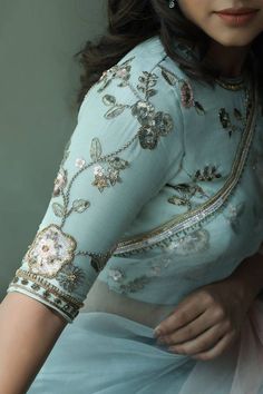 Embroidery Organza, Blouses Work, Ikkat Dresses, New Saree Blouse Designs, Latest Model Blouse Designs, Fashionable Saree Blouse Designs, Blouse Designs Silk, Saree Designs Party Wear, Pale Aqua