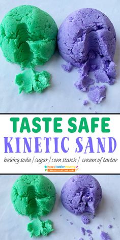 two scoops of green and purple colored powder next to each other with the words taste safe, kinetic sand