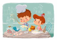 two children are cooking together in the kitchen, one is holding a whisk