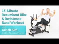 a woman is on an exercise bike with the words 15 - minute recumbent bike and resistance band workout