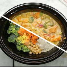 two pictures show the same food in a crock pot as well as broccoli, chickpeas and carrots