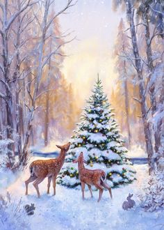 two deer are standing in front of a christmas tree with snow on the ground and trees