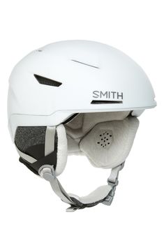 a white helmet with the word smith written on it