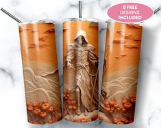 three stainless steel travel mugs with the image of jesus on it and an orange background