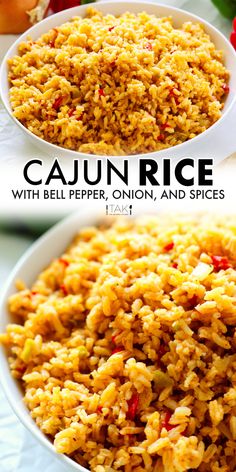 cajun rice with bell pepper, onion and spices in a white bowl on a table