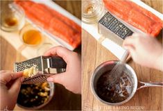 two people are grating up food on a cutting board