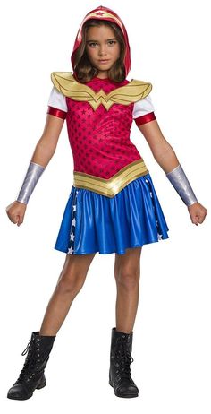 Dress up like Wonder Woman from the hit animated series DC Superhero Girls! Includes 100% Polyester costume hoodie dress with attached 3D collar, belt, and gauntlets. Hood has printed tiara. Child sizes. An officially licensed DC Comics costume from Rubies! Wonder Woman Accessories, Superhero Fancy Dress, Wonder Woman Outfit, Woman Hoodie, Dc Comic Costumes, Hoodie Costume, Wonder Woman Costume, Fancy Dress Up, Dc Super Hero Girls