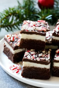 several pieces of cake on a white plate with candy canes and peppermints