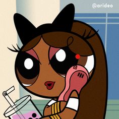 a cartoon character holding a drink in her hand