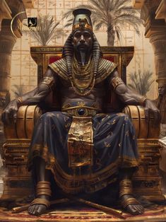 an egyptian pharaoh sitting on a throne with his hands in his pockets