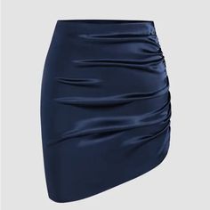 Gorgeous Never Work Shirt W/ Zip On Side - Rouched Side For Asymmetrical Look- Bodycon#Silky #Skirt #Y2k Navy Blue Satin Skirt, Blue Satin Skirt, Cider Dresses, Kawaii Shorts, Silky Skirt, Ruched Mini Skirt, Mini Pleated Skirt, Green Mini Skirt, Blue Mini Skirt