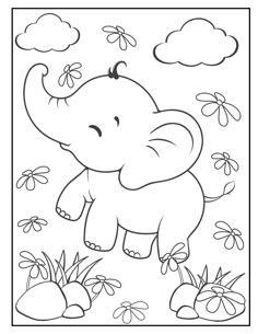 an elephant with flowers and clouds in the background