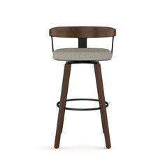 an upholstered bar stool with a wooden frame and grey fabric seat, viewed from the front