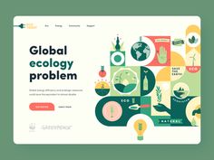 the landing page for global ecology problem, which includes images of people and plants in different colors