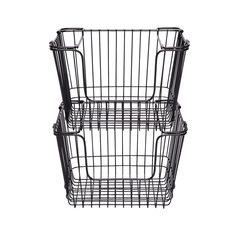 two black wire baskets sitting side by side on a white background, one is empty and the other has no handles