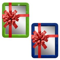 two green and blue square boxes with red bows on them, one has a mirror in the shape of a bow