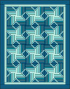 a blue and white quilt with squares on the front, in shades of teal