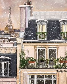 a painting of the eiffel tower in paris with snow falling all over it