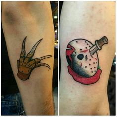 two tattoos on the legs of people with different types of tattoos and hands holding knives