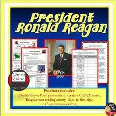 In this engaging presentation students will learn about the policies of President Ronald Reagan. Topics covered include: Introduction 1980 Election Assassination Attempt Domestic Policies Reaganomics Military Defense Spending Federal Debt Increased Foreign Policy The Reagan Doctrine The Cold War High School Activities, Hetalia America, Revision Notes, History Teacher, East Berlin, History Classroom, Movie Quote, Unit Study, Propaganda Posters