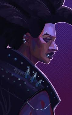 a digital painting of a woman with black hair and piercings on her ears, in front of a purple background