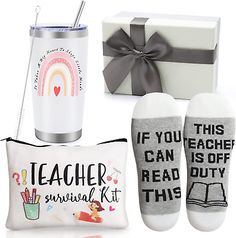 the teacher survival kit includes socks, mug, pencils and other items