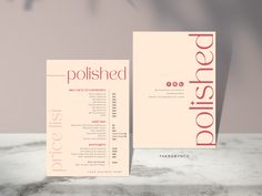 the front and back of a brochure on a marble table with pink lettering