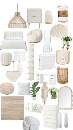 a collage of white furniture and accessories