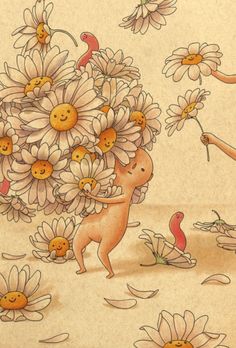 a drawing of a mouse carrying flowers in it's back and two people reaching for them